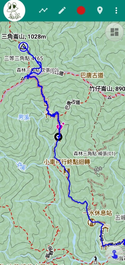 配合手機離線地圖，可以了解自己的位置，在登山活動中作為體能調適之參考(圖為本次淨山路線)